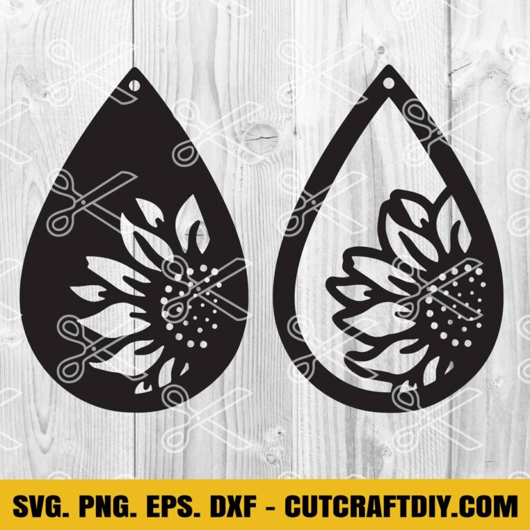 Teardrop Sunflower Earring SVG, PNG, DXF, EPS, Cut Files