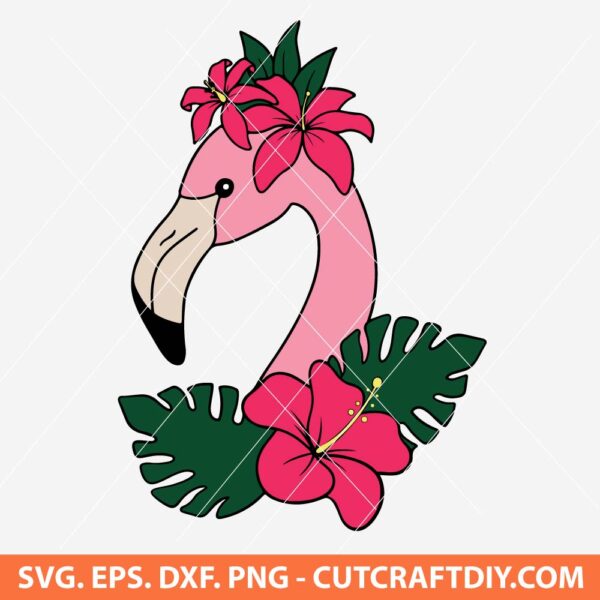 Flamingo With Tropical Flowers SVG, Floral Flamingo SVG, Tropical Bird SVG, PNG, DXF, EPS, Cut Files for Cricut, Silhouette, Vinyl Iron on