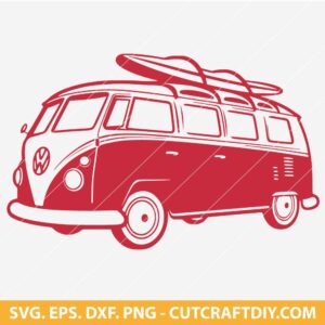 VW Bus Camper Van With Surf Board SVG