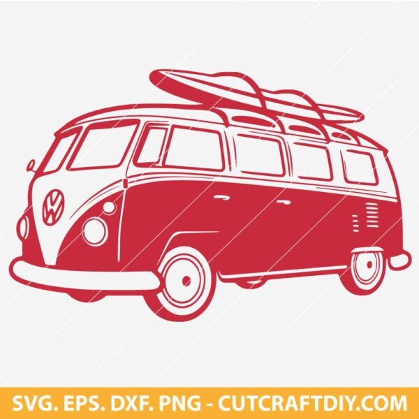 VW Bus Camper Van With Surf Board SVG